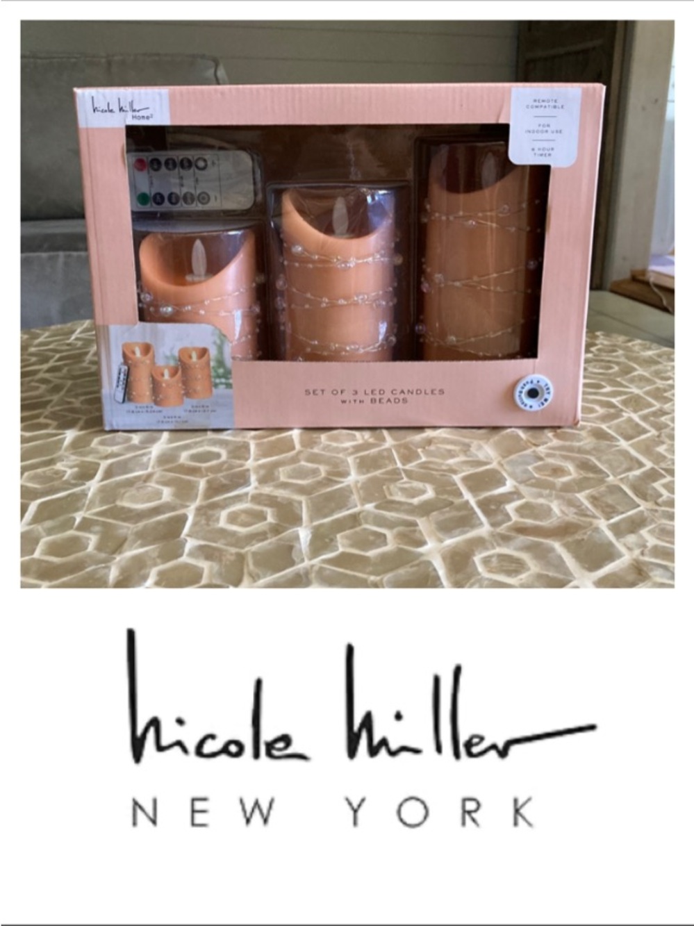 NEW!  Nicole Miller Home set of 3 fairy string light LED pillar candles